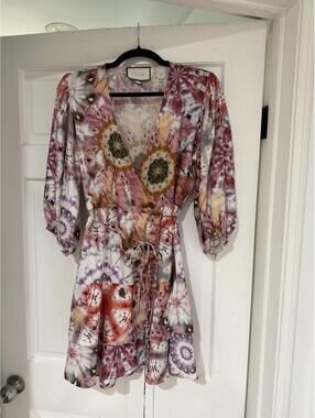 Alexia Tie-Dye Wrap Mini Dress Puff Sleeve Ruffle Hem Size L